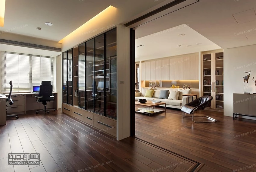 طراحی میز کامپیوتر چوبی و کمد دار مناسب اتاق کار