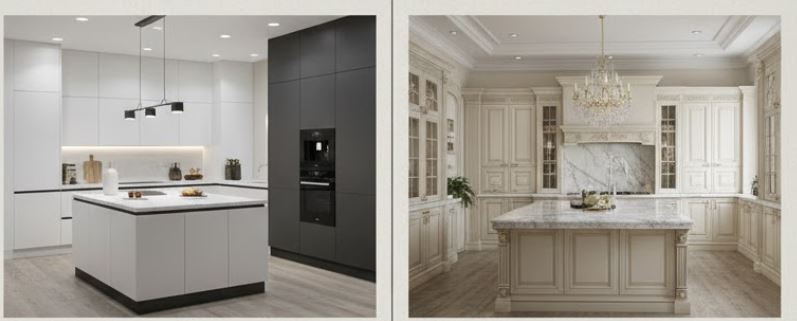 مقایسه سبک مدرن و نئوکلاسیک در آشپزخانه‌های بزرگ